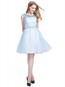 Scoop Knee Length A-line Sleeveless Light Blue Dress for Prom Zipper