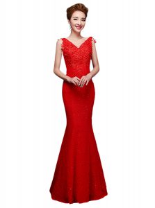 Red Column/Sheath V-neck Sleeveless Lace Floor Length Lace Up Lace Prom Party Dress
