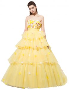 Fashion Yellow Sleeveless Ruffled Layers and Hand Made Flower With Train Prom Party Dress