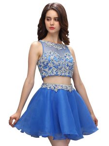 Blue Scoop Neckline Beading Prom Evening Gown Sleeveless Zipper