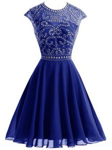 Hot Sale Scoop Sleeveless Chiffon Mini Length Backless Prom Evening Gown in Royal Blue with Beading