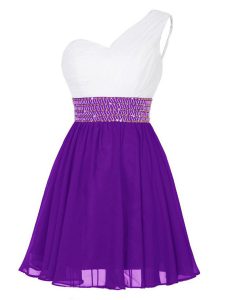 Custom Designed One Shoulder Sleeveless Chiffon Mini Length Zipper Evening Dress in White And Purple with Beading