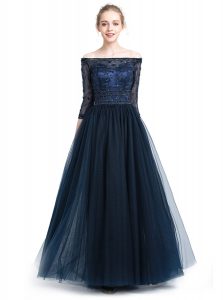 Edgy Off the Shoulder Navy Blue Tulle Zipper Prom Dresses 3 4 Length Sleeve Floor Length Beading and Appliques