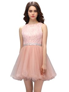 Scoop Sleeveless Dress for Prom Mini Length Beading and Lace Peach Organza