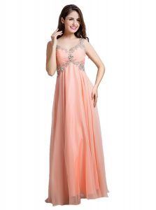 Peach Dress for Prom Prom and Party and For with Beading V-neck Sleeveless Backless