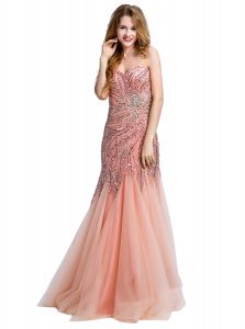 Custom Designed Mermaid One Shoulder Peach Tulle Side Zipper Prom Party Dress Sleeveless Floor Length Beading