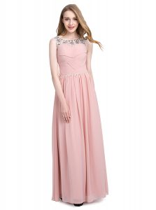 Scoop Pink Empire Beading Prom Party Dress Zipper Chiffon Sleeveless Floor Length