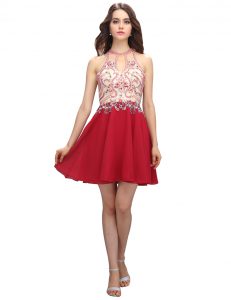 Column/Sheath Prom Dress Red High-neck Chiffon Sleeveless Mini Length Backless