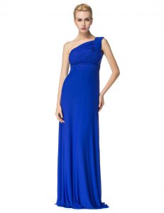 Excellent One Shoulder Royal Blue Chiffon Side Zipper Prom Dress Sleeveless Floor Length Ruching