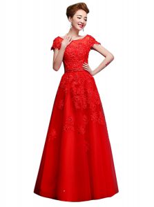Classical Floor Length A-line Short Sleeves Red Prom Party Dress Lace Up