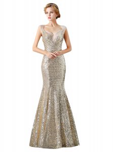 Mermaid V-neck Sleeveless Prom Dresses Floor Length Sequins Champagne Sequined