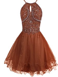Brown Organza Zipper Halter Top Sleeveless Mini Length Prom Dresses Beading
