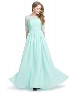 Scoop Half Sleeves Chiffon Floor Length Lace Up Prom Evening Gown in Turquoise with Lace
