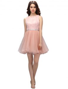 Pink A-line Organza Scoop Sleeveless Beading and Lace Mini Length Zipper Prom Dresses