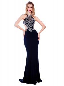 Elegant With Train Navy Blue Prom Party Dress Silk Like Satin Sweep Train Sleeveless Beading