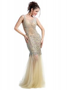 Simple Mermaid Champagne Backless Square Beading Prom Dress Tulle Sleeveless