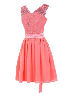 Watermelon Red Sleeveless Lace and Sashes ribbons Mini Length Dress for Prom