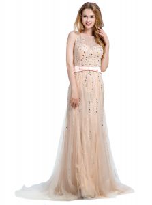 Scoop Tulle Sleeveless With Train Evening Dress Brush Train and Beading
