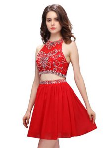 Red Chiffon Zipper Scoop Sleeveless Mini Length Prom Dresses Beading