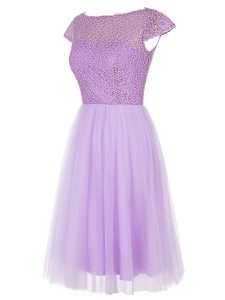Lavender Empire Beading Prom Evening Gown Zipper Tulle Cap Sleeves Knee Length