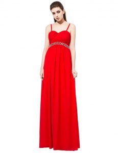 Spaghetti Straps Sleeveless Dress for Prom Floor Length Beading Red Chiffon