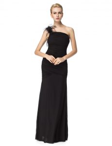 Elegant Floor Length Black Prom Gown One Shoulder Sleeveless Zipper