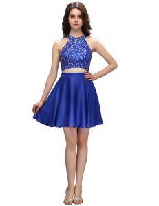 Best Selling Mini Length Royal Blue Dress for Prom High-neck Sleeveless Zipper