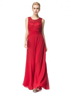 Glittering Column/Sheath Prom Gown Red Scoop Chiffon Sleeveless Floor Length Lace Up