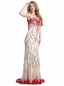 Scoop White And Red Clasp Handle Prom Dresses Hand Made Flower Sleeveless With Train Sweep Train
