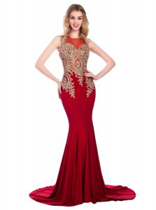Amazing Scoop Sleeveless Brush Train Side Zipper Prom Dresses Wine Red Elastic Woven Satin