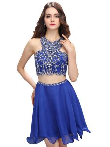 Vintage Scoop Sleeveless Prom Party Dress Mini Length Beading Blue Chiffon