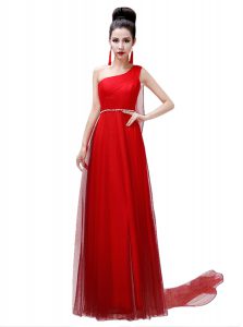 One Shoulder Chiffon Sleeveless Floor Length Prom Dress and Sashes ribbons and Belt