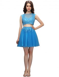 Baby Blue Empire Tulle Bateau Sleeveless Beading and Appliques Mini Length Zipper Prom Party Dress