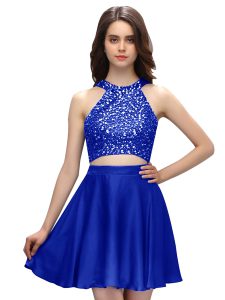 Scoop Mini Length Royal Blue Prom Dresses Taffeta Sleeveless Beading