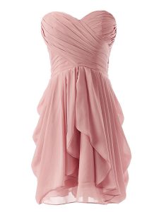 Pink Sleeveless Mini Length Ruching Lace Up Prom Gown