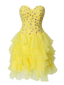 Colorful Ruffled Mini Length Column/Sheath Sleeveless Yellow Prom Evening Gown Zipper