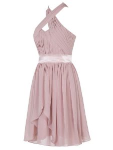 Most Popular Pink Backless Dress for Prom Ruching Sleeveless Mini Length