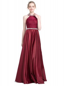 Halter Top Floor Length Burgundy Prom Dress Taffeta Sleeveless Beading and Lace