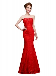 Mermaid Strapless Sleeveless Prom Gown Floor Length Lace Red Lace