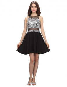 Scoop Mini Length Black Prom Party Dress Chiffon Sleeveless Beading
