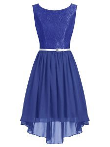 Custom Design Scoop Blue Column/Sheath Lace and Belt Prom Gown Side Zipper Chiffon Sleeveless High Low