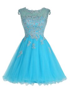 High Class A-line Prom Dress Baby Blue Scoop Organza Sleeveless Mini Length Zipper