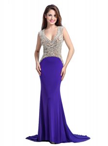 Cheap Elastic Woven Satin V-neck Sleeveless Brush Train Backless Beading Prom Party Dress in Purple