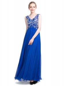 Column/Sheath Prom Dress Royal Blue V-neck Chiffon Sleeveless Ankle Length Zipper