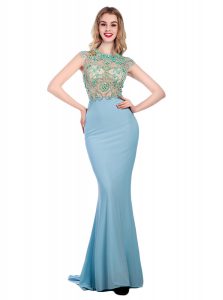 Scoop Light Blue Sleeveless With Train Beading Zipper Prom Party Dress