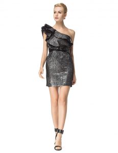 Fantastic One Shoulder Black Column/Sheath Ruching and Pattern Prom Party Dress Zipper Printed Sleeveless Mini Length