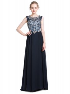 Scoop Sleeveless With Train Beading Zipper Prom Party Dress with Black Brush Train