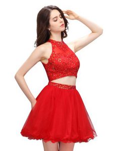 Coral Red Two Pieces High-neck Sleeveless Organza Mini Length Zipper Beading Dress for Prom