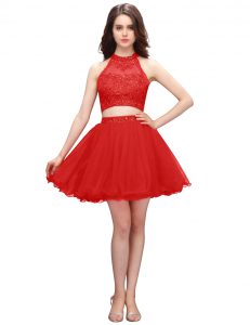 Fabulous Coral Red High-neck Neckline Beading Prom Dresses Sleeveless Zipper