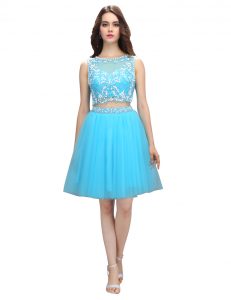 Scoop Appliques Prom Party Dress Baby Blue Backless Sleeveless Knee Length